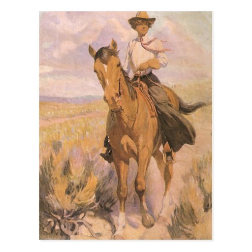 Mujer en caballo por Dunton, vaquero de la vaquera Postales